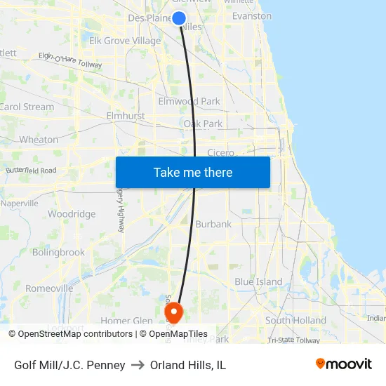 Golf Mill/J.C. Penney to Orland Hills, IL map