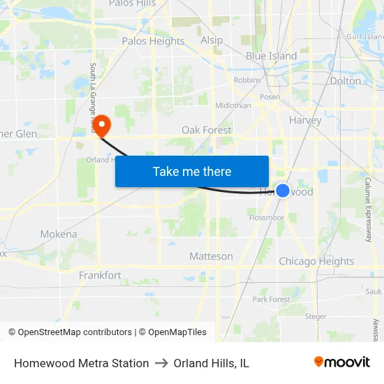 Homewood Metra Station to Orland Hills, IL map