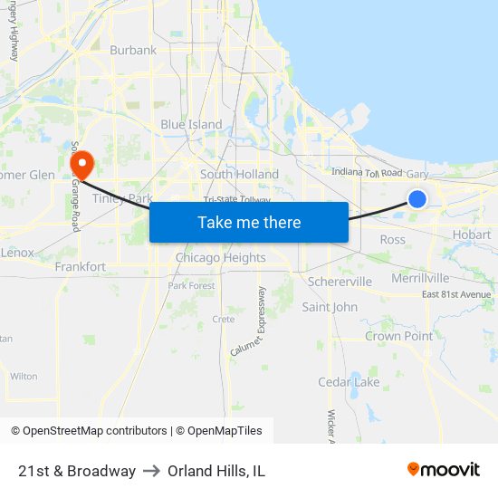 21st Ave & Broadway to Orland Hills, IL map