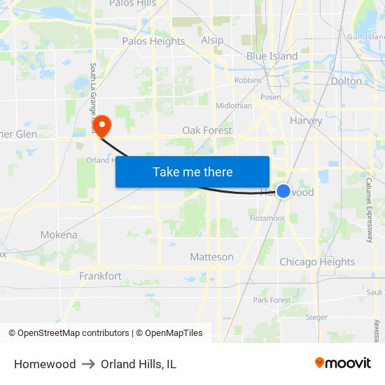 Homewood to Orland Hills, IL map