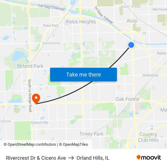 Rivercrest Dr & Cicero Ave to Orland Hills, IL map