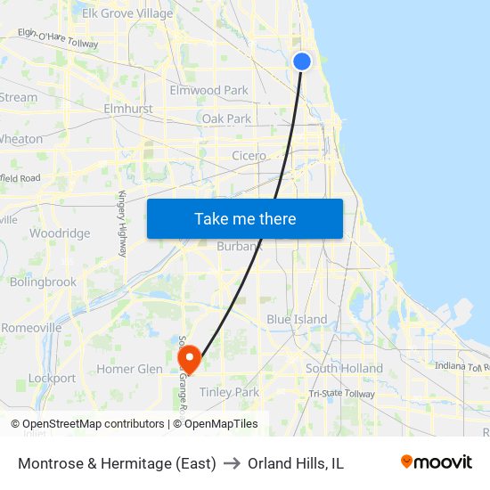 Montrose & Hermitage (East) to Orland Hills, IL map