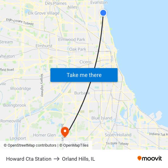 Howard Cta Station to Orland Hills, IL map