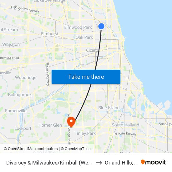 Diversey & Milwaukee/Kimball (West) to Orland Hills, IL map