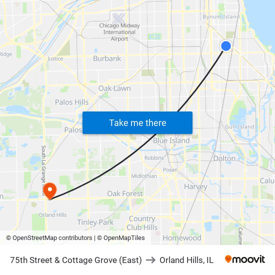 75th Street & Cottage Grove (East) to Orland Hills, IL map