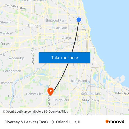 Diversey & Leavitt (East) to Orland Hills, IL map