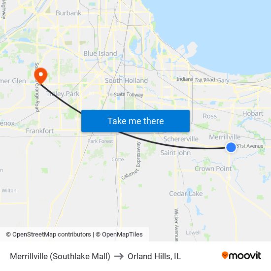 Merrillville (Southlake Mall) to Orland Hills, IL map