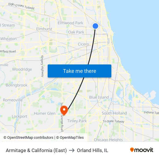 Armitage & California (East) to Orland Hills, IL map