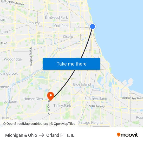 Michigan & Ohio to Orland Hills, IL map