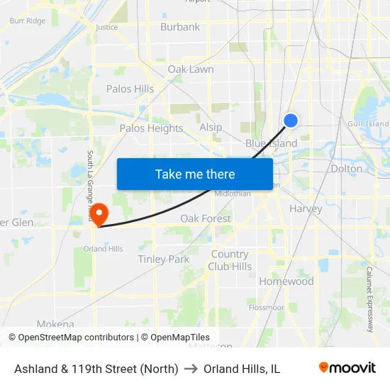 Ashland & 119th Street (North) to Orland Hills, IL map