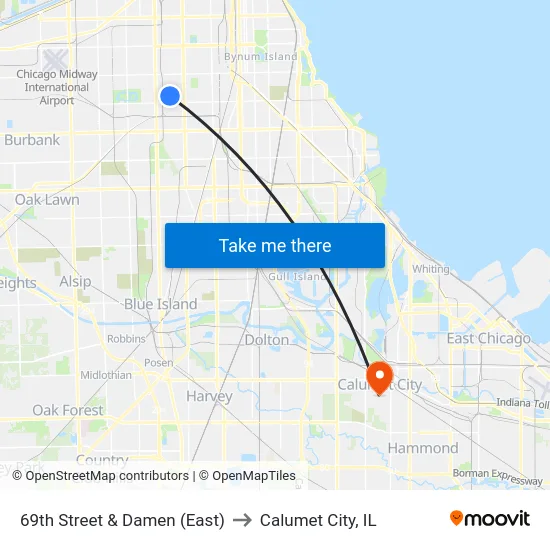 69th Street & Damen (East) to Calumet City, IL map