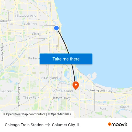 Chicago Train Station to Calumet City, IL map