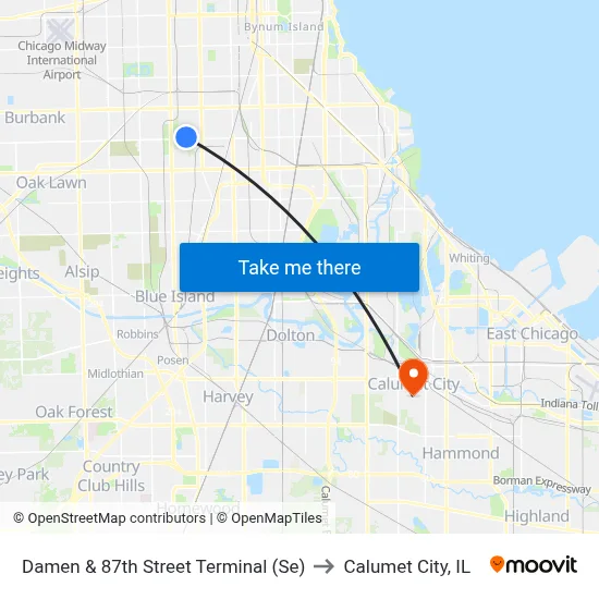 Damen & 87th Street Terminal (Se) to Calumet City, IL map