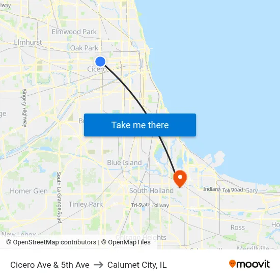 Cicero Ave & 5th Ave to Calumet City, IL map