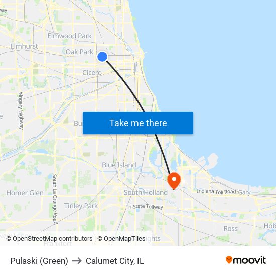 Pulaski (Green) to Calumet City, IL map