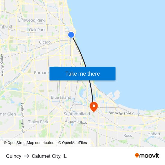 Quincy to Calumet City, IL map