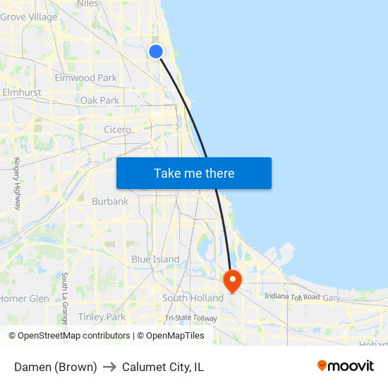 Damen (Brown) to Calumet City, IL map