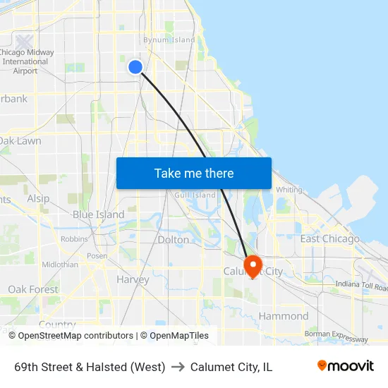 69th Street & Halsted (West) to Calumet City, IL map