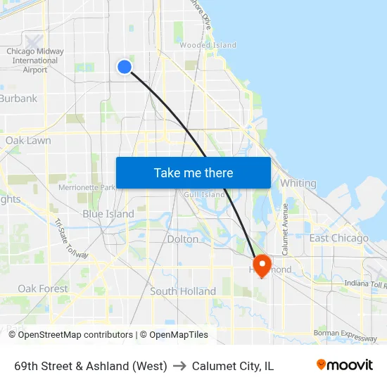 69th Street & Ashland (West) to Calumet City, IL map