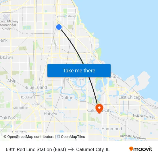 69th Red Line Station (East) to Calumet City, IL map