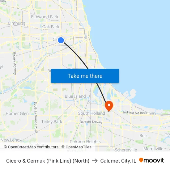 Cicero & Cermak (Pink Line) (North) to Calumet City, IL map