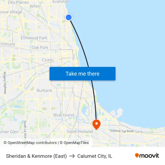 Sheridan & Kenmore (East) to Calumet City, IL map