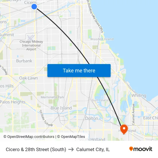 Cicero & 28th Street (South) to Calumet City, IL map