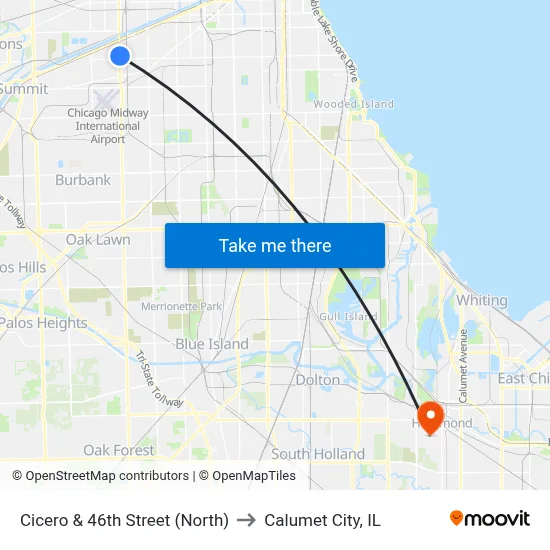 Cicero & 46th Street (North) to Calumet City, IL map