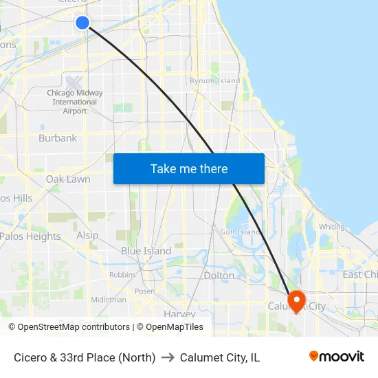 Cicero & 33rd Place (North) to Calumet City, IL map
