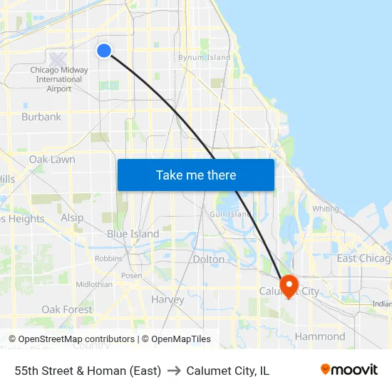 55th Street & Homan (East) to Calumet City, IL map