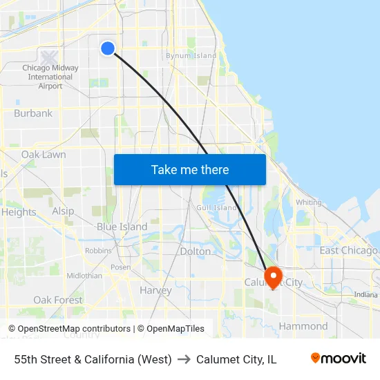 55th Street & California (West) to Calumet City, IL map