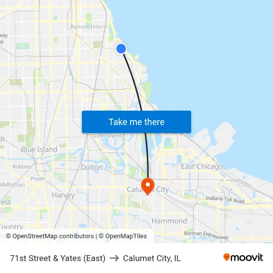 71st Street & Yates (East) to Calumet City, IL map
