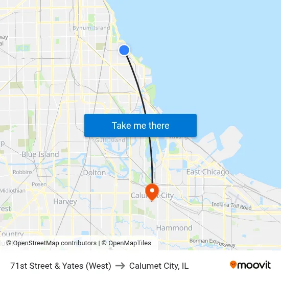 71st Street & Yates (West) to Calumet City, IL map