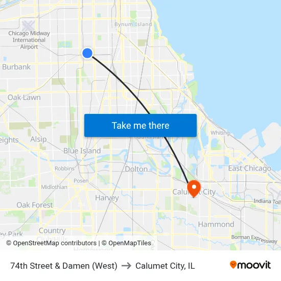 74th Street & Damen (West) to Calumet City, IL map