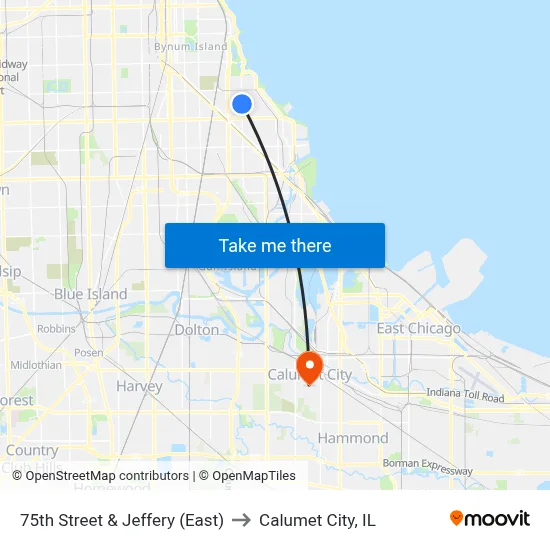 75th Street & Jeffery (East) to Calumet City, IL map