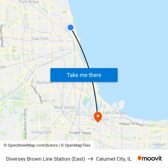 Diversey Brown Line Station (East) to Calumet City, IL map