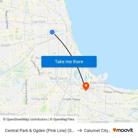 Central Park & Ogden (Pink Line) (South) to Calumet City, IL map