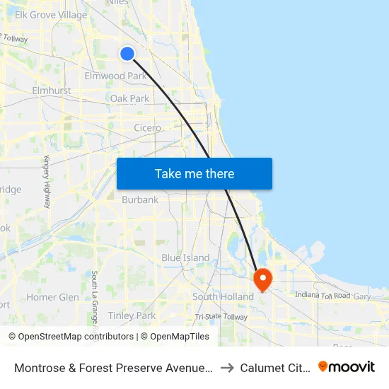Montrose & Forest Preserve Avenue (West) to Calumet City, IL map