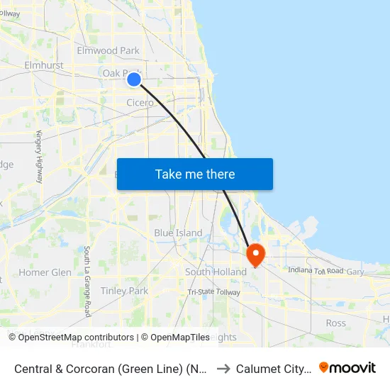 Central & Corcoran (Green Line) (North) to Calumet City, IL map