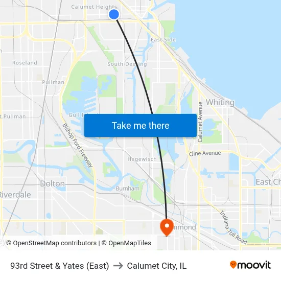 93rd Street & Yates (East) to Calumet City, IL map