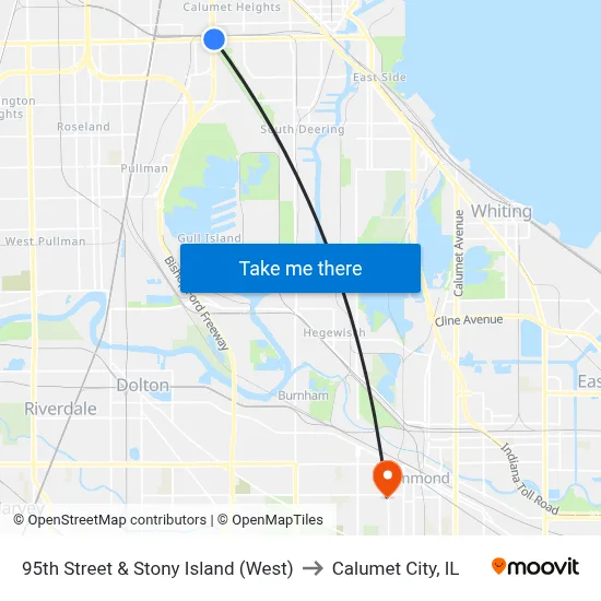 95th Street & Stony Island (West) to Calumet City, IL map