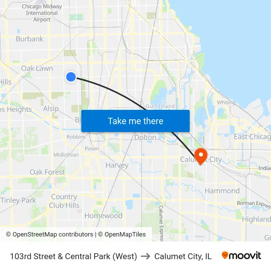 103rd Street & Central Park (West) to Calumet City, IL map