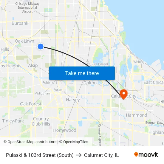 Pulaski & 103rd Street (South) to Calumet City, IL map