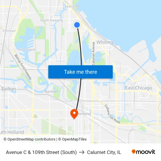 Avenue C & 109th Street (South) to Calumet City, IL map
