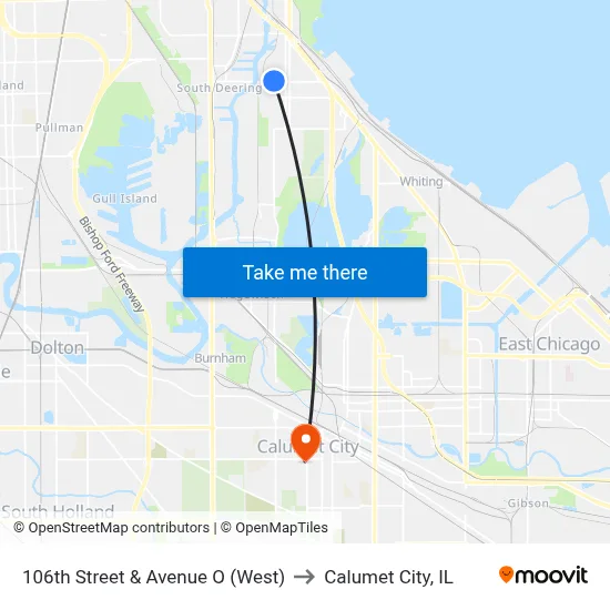 106th Street & Avenue O (West) to Calumet City, IL map