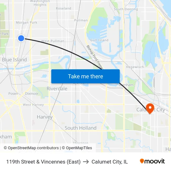 119th Street & Vincennes (East) to Calumet City, IL map
