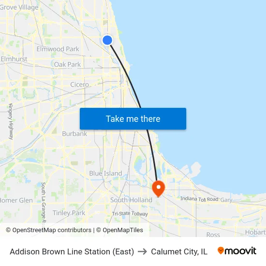 Addison Brown Line Station (East) to Calumet City, IL map