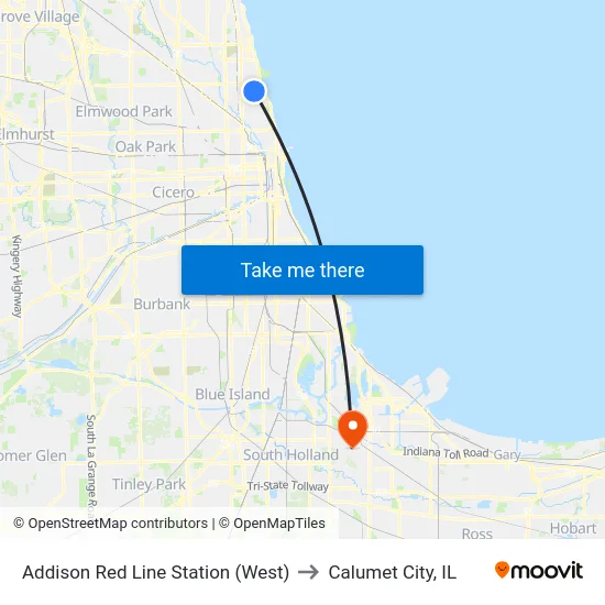 Addison Red Line Station (West) to Calumet City, IL map