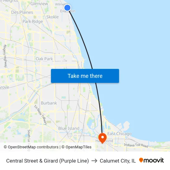 Central Street & Girard (Purple Line) to Calumet City, IL map