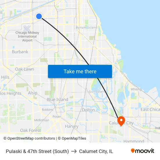 Pulaski & 47th Street (South) to Calumet City, IL map